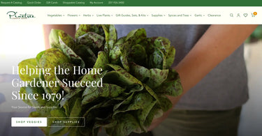 Garden seed store homepage showing a woman holding homegrown bunch of lettuce.