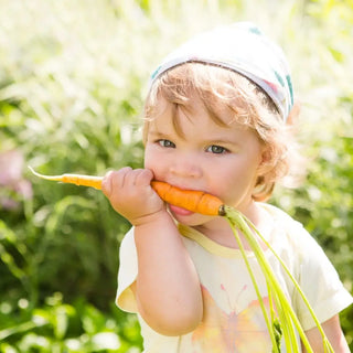 Little girl in a sunny garden eating a fresh carrot.