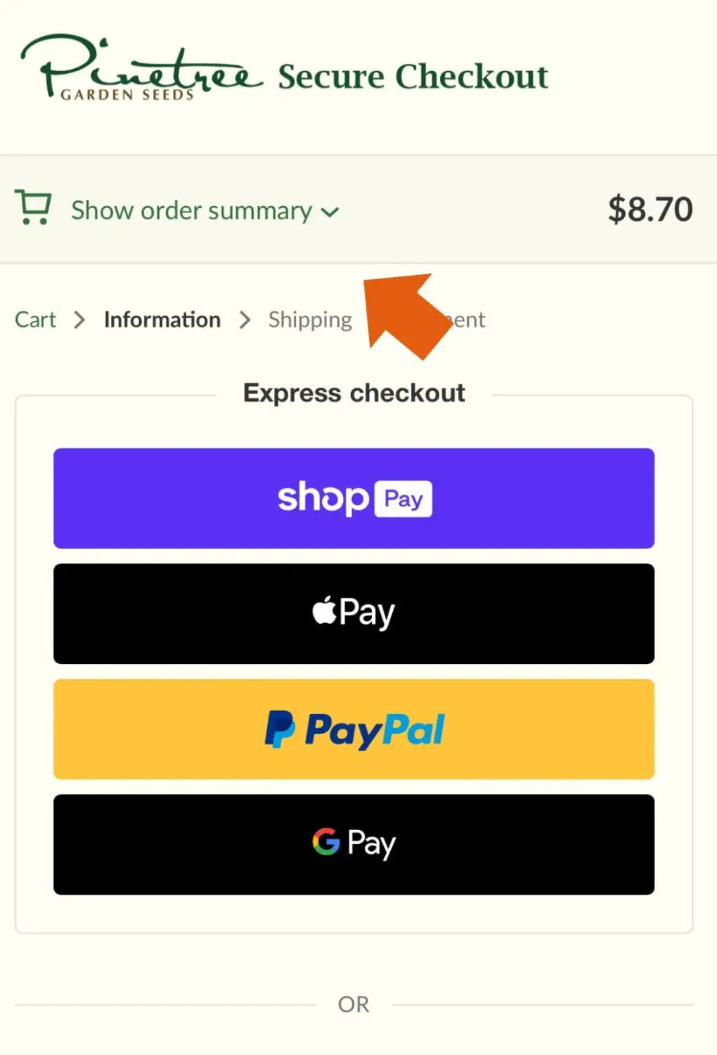 Secure mobile checkout page with payment information and garden seed order summary.