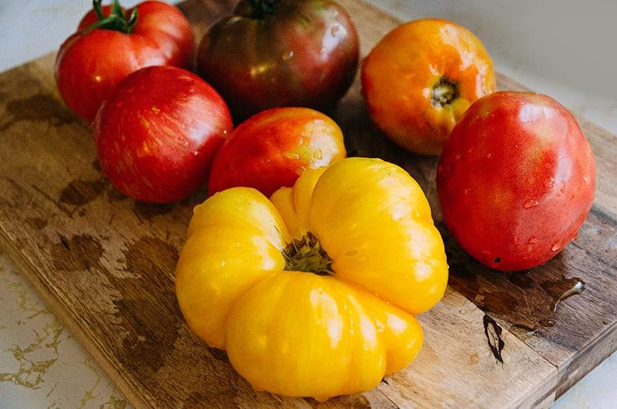 Variety of red and yellow garden tomatoes set out on a table.