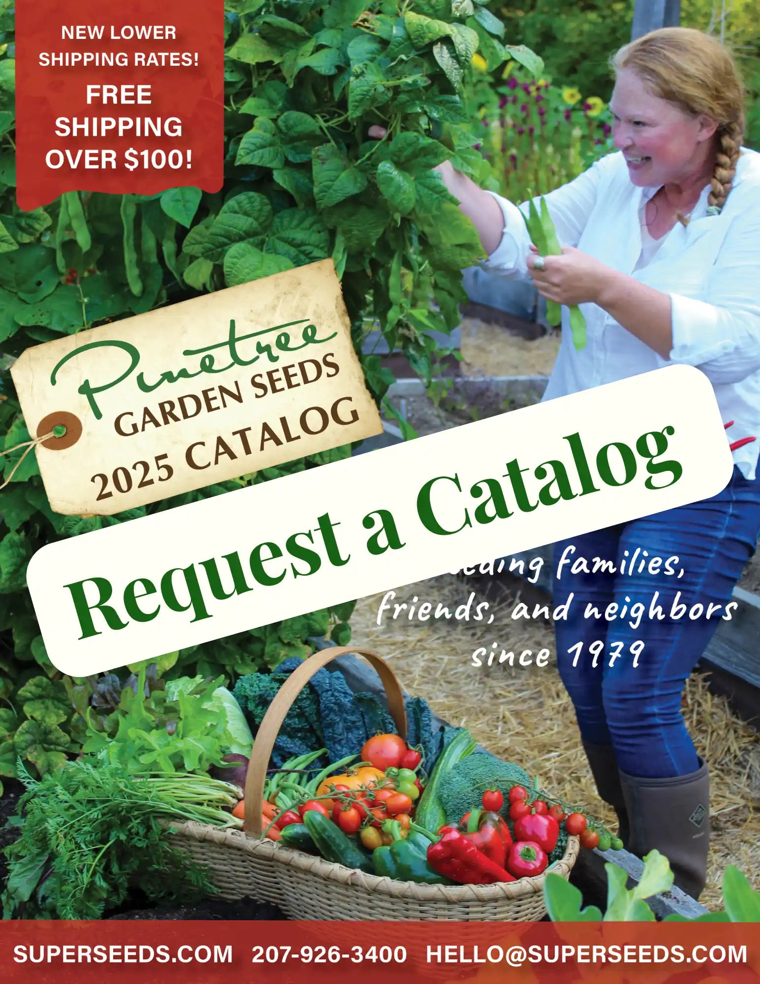 Pinetree Garden Seeds 2025 catalog cover featuring fresh vegetables and gardening scenes.