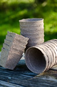 Stack of cow pots on garden table