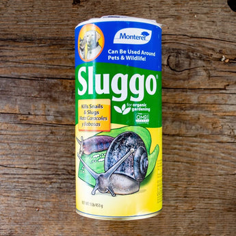 Sluggo container with snail and slug on front.