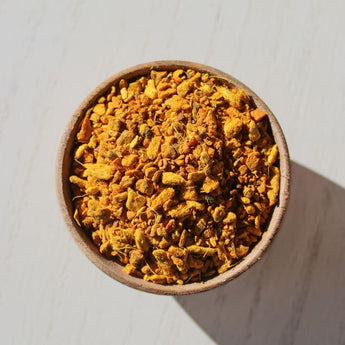 Top view of Turmeric Ginger Herbal Tea.