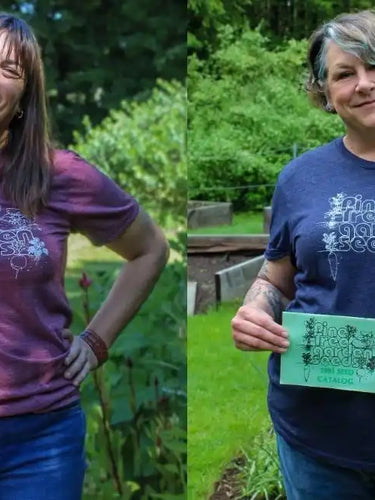 Two people wearing matching t-shirts with similar designs in different colors (burgundy and navy blue).